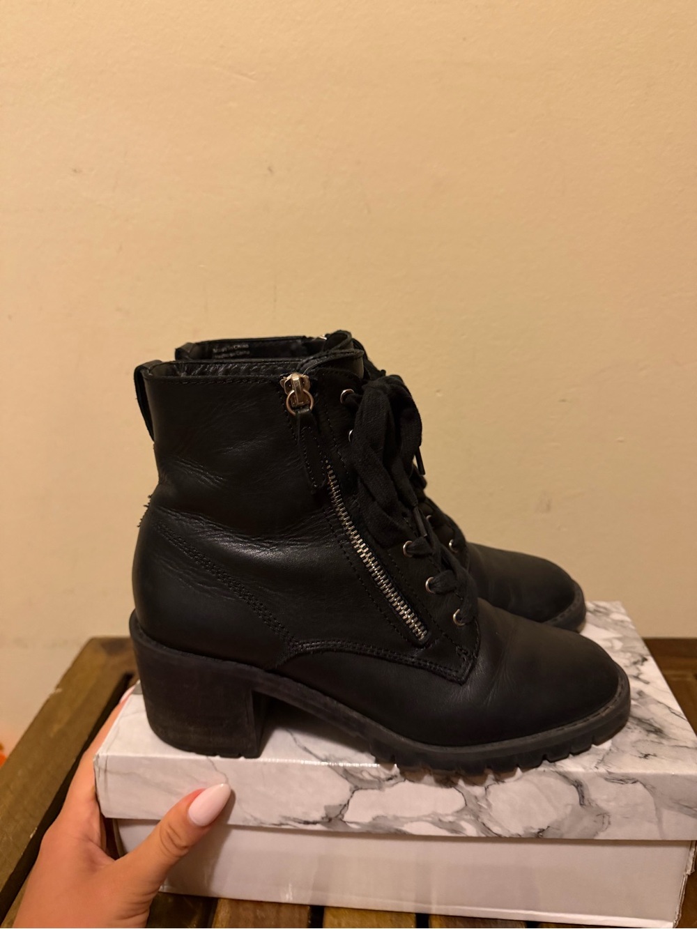 Aldo Black Lace-Up Leather Ankle Boots with Side Zipper